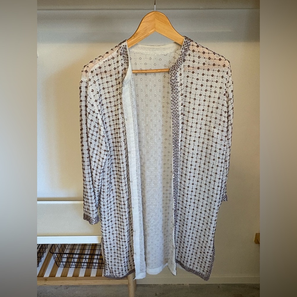 Vintage Sheer White and Brown Beaded Cardigan